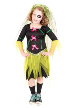 Girl in Halloween costume over a white background