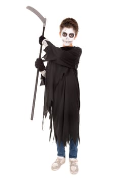 Kid in Halloween costume isolated in white