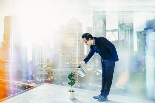 Business Man pouring water on dollar shaped tree . Business growth and entrepreneurship concept.