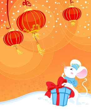 Metal Rat - symbol of Chinese horoscope for New Year. Cute white mouse is looking at paper lantern with curiosity. Curiosity Rat and Chinese lanterns.
