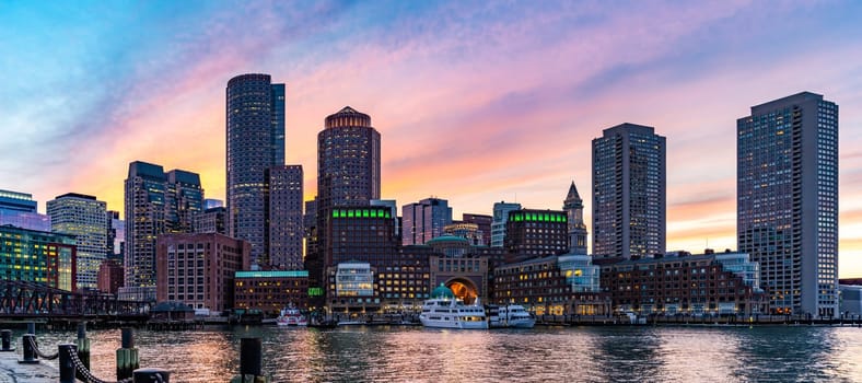 Panorama of Boston Downtown skylines building cityscape sunset at Boston city, MA, USA.