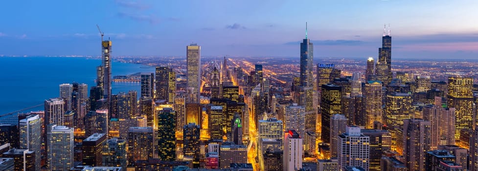 Panorama Aerial view of Chicago Skylines building at Chicago downtown in Chicago City Illinois USA. Looking to the south of Chicago.