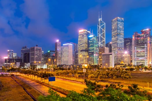 Cityscape of Hong Kong Skylines and skyscraper building with Highway in Hong Kong downtwn area at suset twilight China