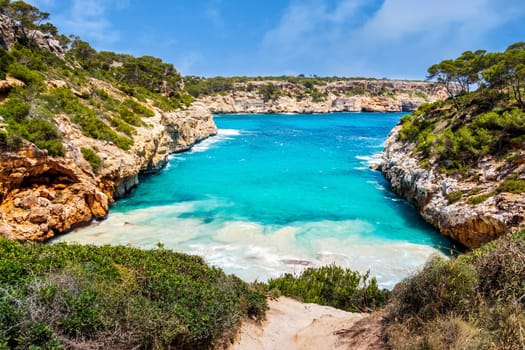 Beautiful beach and bay with turquoise sea water, Cala des Moro, Santanyi, Mallorca island, Spain