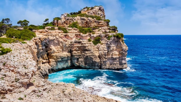 Beautiful beach and bay with turquoise sea water, Cala des Moro, Santanyi, Mallorca island, Spain