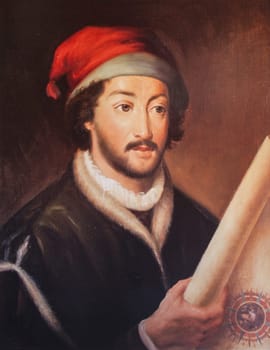 Madrid, Spain - Oct 10th, 2019: Juan de la Cosa portrait. 15th Century Navigator and cartographer, painted by Luis Fernandez Gordillo in 1979. Naval Museum of Madrid