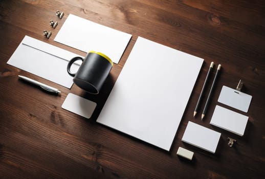 Corporate identity template on wooden background. Photo of blank stationery set. Branding mock-up.