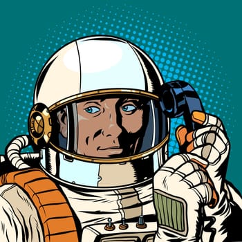 serious astronaut talking on a retro phone. Pop art retro vector illustration drawing