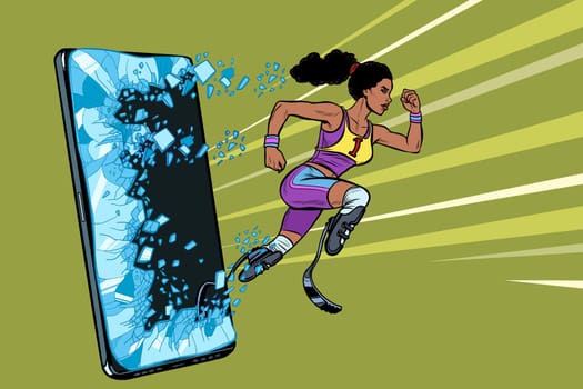 african woman runner disabled leg with prosthesis Phone gadget smartphone. Online Internet application service program. Pop art retro vector illustration drawing vintage kitsch