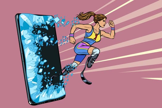 woman runner disabled leg with prosthesis Phone gadget smartphone. Online Internet application service program. Pop art retro vector illustration drawing vintage kitsch