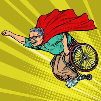 man retired superhero disabled in a wheelchair. Health and longevity of older people. Pop art retro vector illustration drawing vintage kitsch