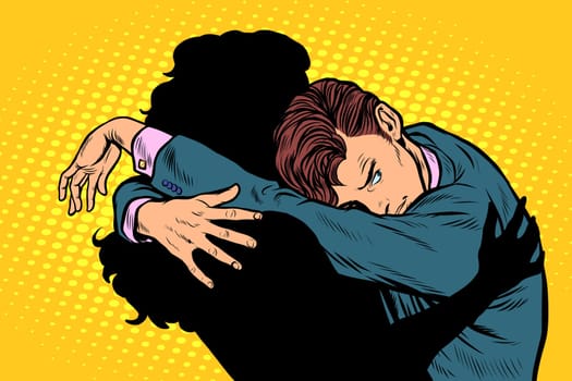 A man dreams of a woman's embrace and love. Pop art retro vector illustration drawing