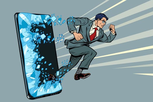 businessman punches the screen Phone gadget smartphone. Online Internet application service program. Pop art retro vector illustration drawing vintage kitsch
