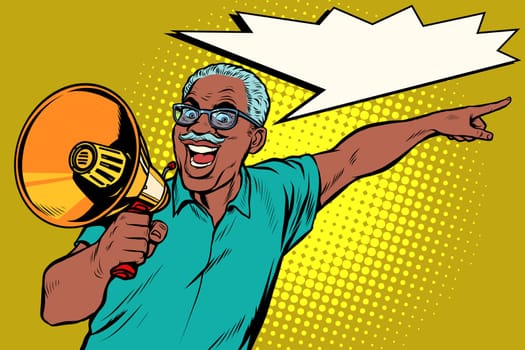 african elderly man with a megaphone. Pop art retro vector illustration drawing vintage kitsch