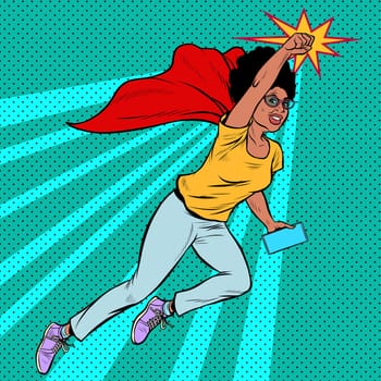 african Woman grandmother superhero flying active strong pensioner elderly lady. Pop art retro vector illustration drawing vintage kitsch