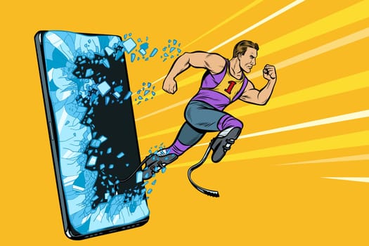 legless male athlete running with a prosthetic. Phone gadget smartphone. Online Internet application service program. Pop art retro vector illustration drawing vintage kitsch