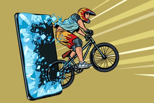 sports online news concept. athlete cyclist in a helmet on a mountain bike. Online Internet application service program. Pop art retro vector illustration drawing vintage kitsch