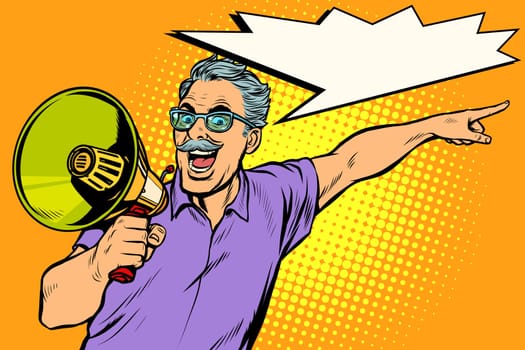 an elderly man with a megaphone. Pop art retro vector illustration drawing vintage kitsch