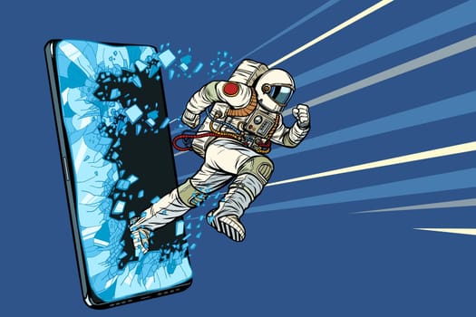 Scientific online applications concept. Astronaut runs through a smartphone. Online Internet application service program. Pop art retro vector illustration drawing vintage kitsch