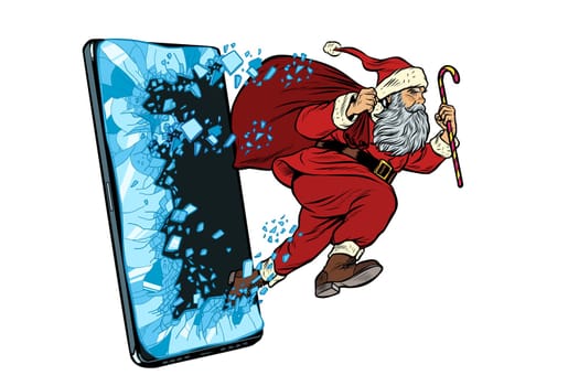 Christmas online sales concept. Santa Claus comes out of the smartphone. Online Internet application service program. Pop art retro vector illustration drawing vintage kitsch