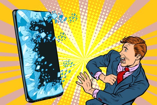 scared man businessman and smartphone Internet online. Pop art retro vector illustration drawing vintage kitsch