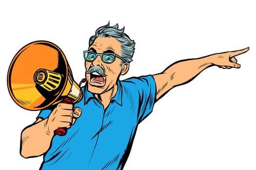 angry elderly man with a megaphone. Pop art retro vector illustration drawing vintage kitsch