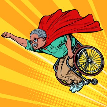 african man retired superhero disabled in a wheelchair. Health and longevity of older people. Pop art retro vector illustration drawing vintage kitsch