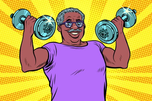 elderly african man lifts dumbbells, fitness sport. Pop art retro vector illustration drawing vintage kitsch