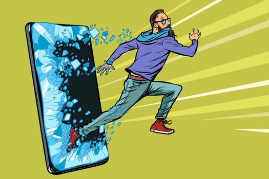 hipster man running Phone gadget smartphone. Online Internet application service program. Pop art retro vector illustration drawing vintage kitsch