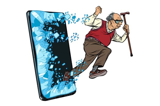 old man retired grandfather Phone gadget smartphone. Online Internet application service program. Pop art retro vector illustration drawing vintage kitsch