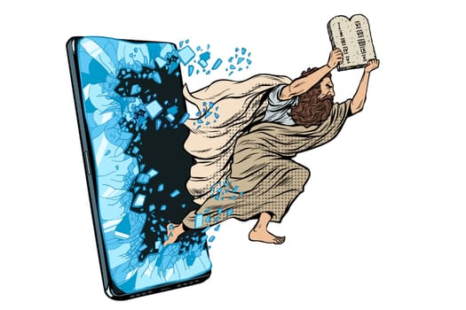 Moses the prophet with the tablets of commandments. Christian online news concept. Phone gadget smartphone. Online Internet application service program. Pop art retro vector illustration drawing vintage kitsch