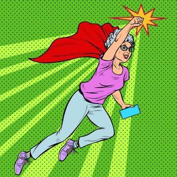 Woman grandmother superhero flying active strong pensioner elderly lady. Pop art retro vector illustration drawing vintage kitsch