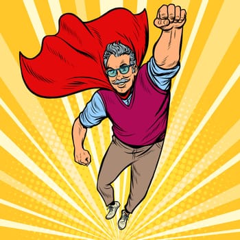 man retired superhero. Health and longevity of older people. Pop art retro vector illustration drawing vintage kitsch