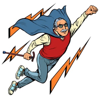 man retired superhero. Health and longevity of older people. Pop art retro vector illustration drawing vintage kitsch