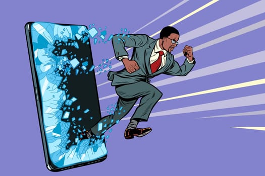 african businessman punches the screen Phone gadget smartphone. Online Internet application service program. Pop art retro vector illustration drawing vintage kitsch