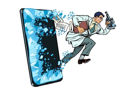 a male scientist with a microscope. Phone gadget smartphone. Online Internet application service program. Pop art retro vector illustration drawing vintage kitsch