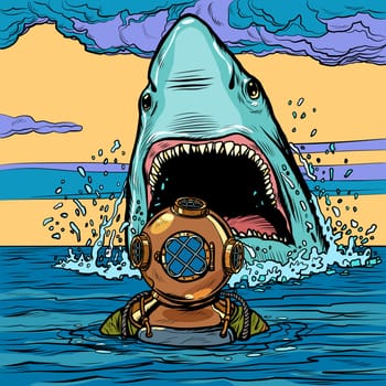 shark attack on diver. Pop art vector illustration drawing