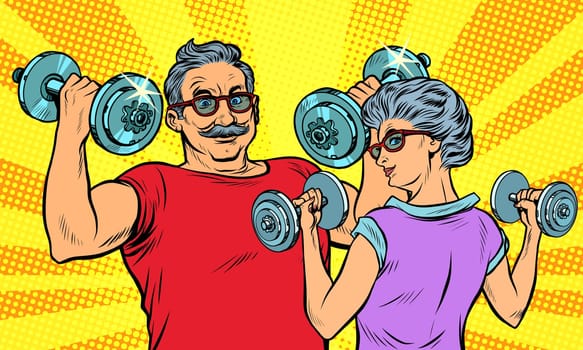 an elderly man and woman grandma grandpa retired in sports, fitness dumbbell. Pop art retro vector illustration drawing vintage kitsch