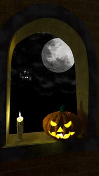 3D illustration, 3D rendering, Halloween Pumpkin Jack Head Lamp at the window with the full moon