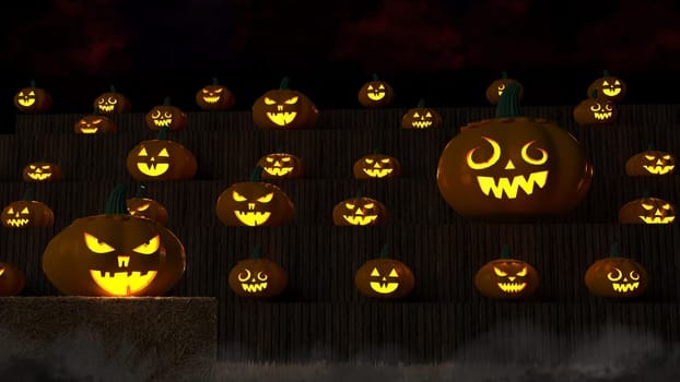 3D illustration, 3D rendering, The head of a scary demon pumpkin on the floor and wooden wall