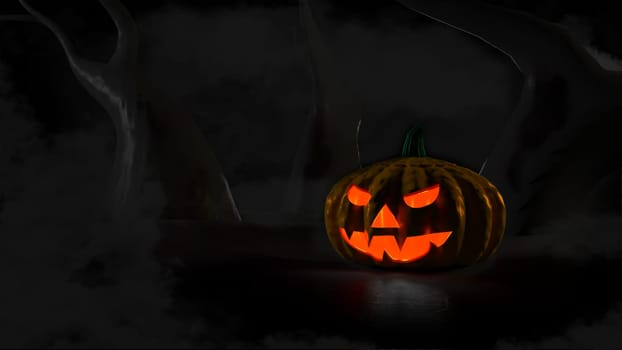 3D illustration, 3D rendering, Devil Pumpkin in the Dark Forest