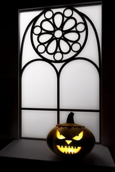 3D illustration, 3D rendering, Halloween Pumpkin Jack Head Lamp at the window
