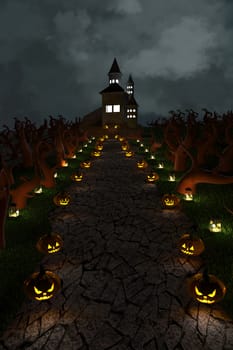 3D illustration, 3D rendering, Devil Pumpkin and Haunted Castle