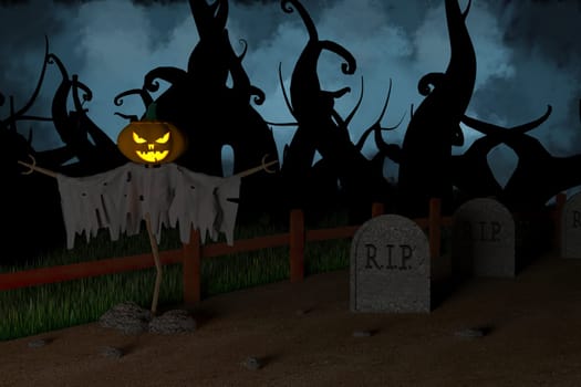 3D illustration, 3D rendering, Devil Pumpkin head in the Dark Cemetery
