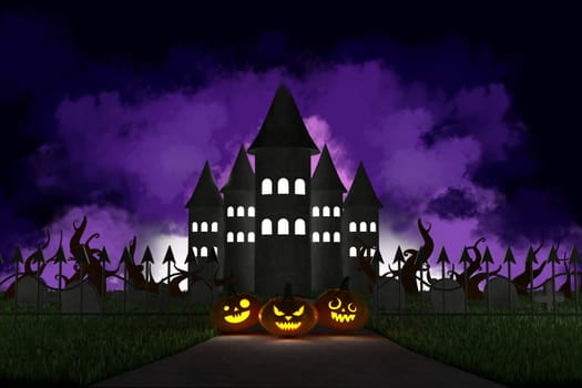 3D illustration, 3D rendering, Devil Pumpkin and Haunted Castle