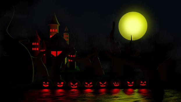 3D illustration, 3D rendering, Devil Pumpkin and Haunted Castle