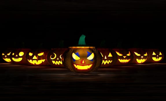 3D illustration, 3D rendering, The head of many scary devil pumpkins