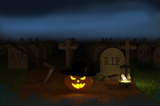 3D illustration, 3D rendering, Devil Pumpkin head in the Dark Cemetery