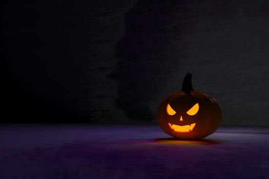 3D illustration, 3D rendering, The head of a scary demon pumpkin in an open room