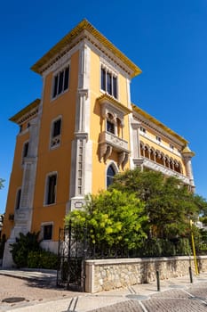 Facade of Lencastre House, a palace built in early 20th century in eclectic summer architecture with arab, neo-Manueline and neo-Gothic motifs, in Cascais, Portugal